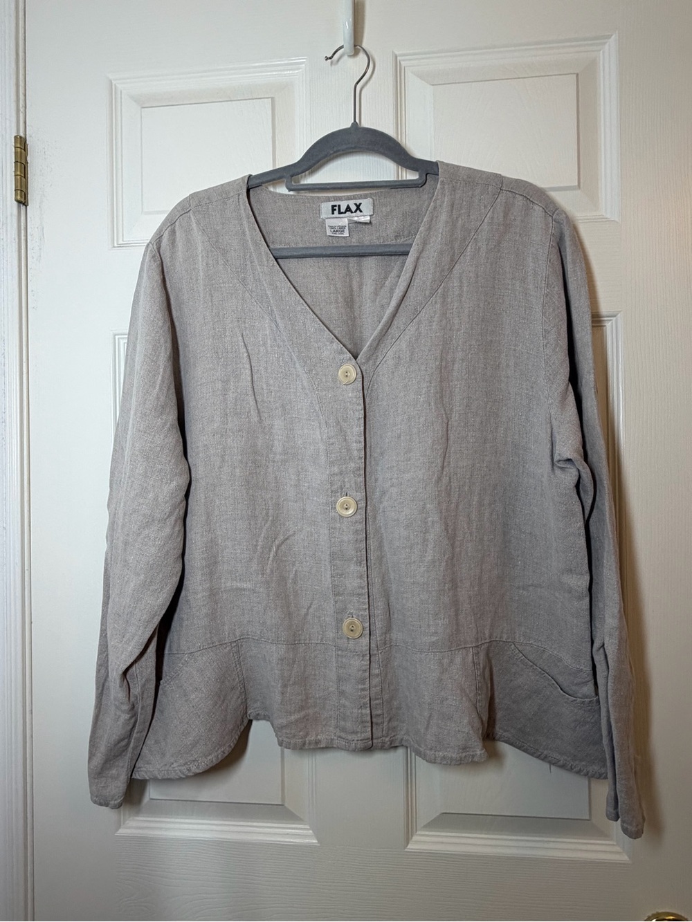 Flax Light Gray 100% Linen Button-Front V-Neck Shirt Size Large